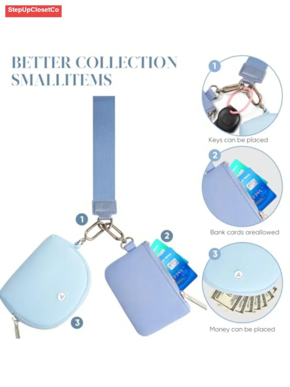 Keychain Wallet Wristlet for Women Mini Zip Dual Pouch Coin Purse with Nylon